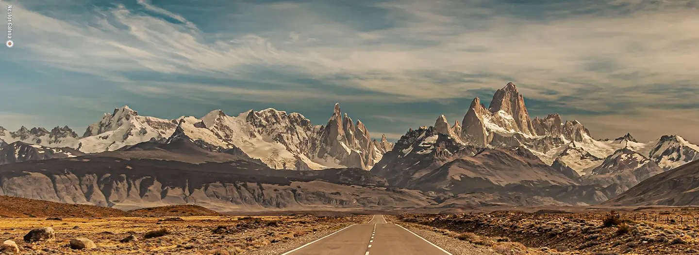 Panoramic view of the road to El Chaltén with Mount Fitz Roy in the background, Patagonia Argentina.